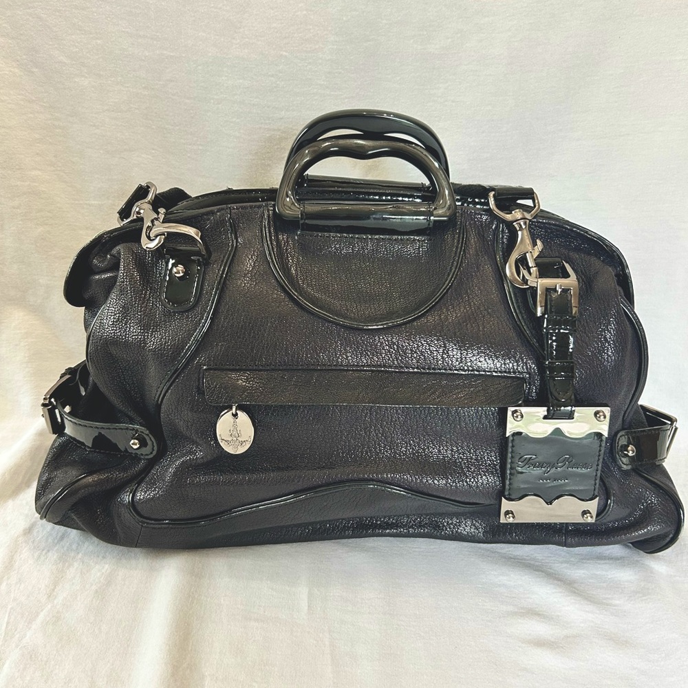 Tracy Reese Black Leather Satchel with Mirror and and Cute Interior Fabric